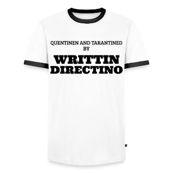 Quentinen et tarentined par Writtin Directino - T-shirt contrasté Homme - blanc/noir - Devant - AI Model Female 172 light (172cm) & AI Model Male 178 dark (178cm)