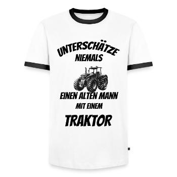 Unterschätze niemals einen alten Mann mit Traktor - Männer Kontrast-T-Shirt - Weiß/Schwarz - Vorne - AI Model Female 172 light (172cm) & AI Model Male 178 dark (178cm)
