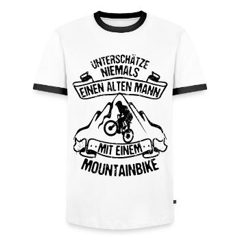 Alter Mann mit Mountainbike MTB Rad Mountain Biker - Männer Kontrast-T-Shirt - Weiß/Schwarz - Vorne - AI Model Female 172 light (172cm) & AI Model Male 178 dark (178cm)