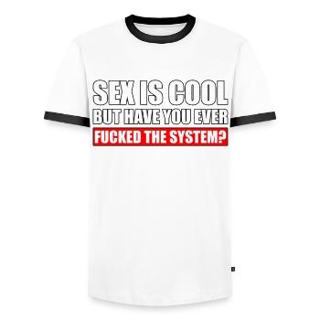 Fuck the System Demo Demonstration Protest Geschen - Men's Ringer Shirt - white/black - Front - AI Model Female 172 light (172cm) & AI Model Male 178 dark (178cm)