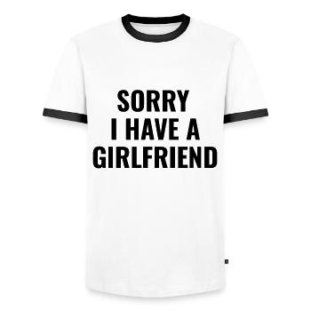 Sorry I have a girlfriend men's party - Men's Ringer Shirt - white/black - Front - AI Model Female 172 light (172cm) & AI Model Male 178 dark (178cm)