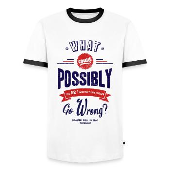 What should go wrong? Murphys Law - Men's Ringer Shirt - white/black - Front - AI Model Female 172 light (172cm) & AI Model Male 178 dark (178cm)