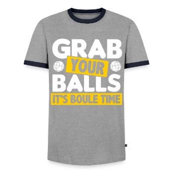 Boule Petanque Boccia Boules - Men's Ringer Shirt - grey/navy  - Front - AI Model Female 172 light (172cm) & AI Model Male 178 light (178cm)