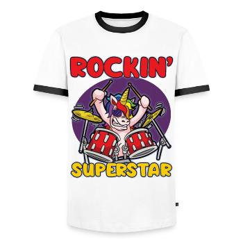 ROCKIN SUPERSTAR rocker unicorn drummer humor - Men's Ringer Shirt - white/black - Front - AI Model Female 172 light (172cm) & AI Model Male 178 dark (178cm)