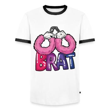 BRAT menottes en peluche DDLG bad girl humour - T-shirt contrasté Homme - blanc/noir - Devant - AI Model Female 172 light (172cm) & AI Model Male 178 dark (178cm)