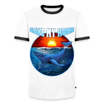 Save my Home - blue whale - whale - sea - ocean - Men's Ringer Shirt - white/black - Front - AI Model Female 172 light (172cm) & AI Model Male 178 dark (178cm)