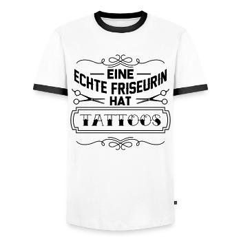 Tätowierte Friseurin - Männer Kontrast-T-Shirt - Weiß/Schwarz - Vorne - AI Model Female 172 light (172cm) & AI Model Male 178 dark (178cm)