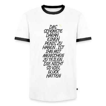 Das schönste daran einen Penis zu haben .. Lustig - Männer Kontrast-T-Shirt - Weiß/Schwarz - Vorne - AI Model Female 172 light (172cm) & AI Model Male 178 dark (178cm)