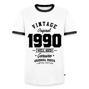 Millésime 1990 Né en 1990 Anniversaire rétro - T-shirt contrasté Homme - blanc/noir - Devant - AI Model Female 172 light (172cm) & AI Model Male 178 dark (178cm)