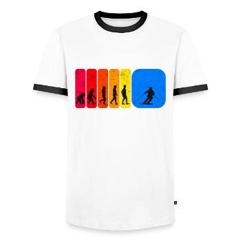 Skiing evolution skier gift idea - Men's Ringer Shirt - white/black - Front - AI Model Female 172 light (172cm) & AI Model Male 178 dark (178cm)