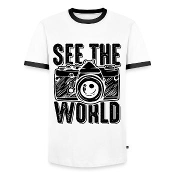 Photographe de voyage Voyage - T-shirt contrasté Homme - blanc/noir - Devant - AI Model Female 172 light (172cm) & AI Model Male 178 dark (178cm)