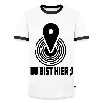 Du bist hier, dein aktueller Standort - Männer Kontrast-T-Shirt - Weiß/Schwarz - Vorne - AI Model Female 172 light (172cm) & AI Model Male 178 dark (178cm)