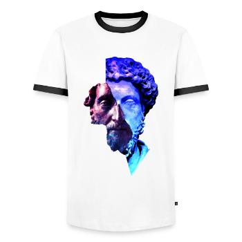 Stoicism Marcus Aurelius Purple Universe Artwork - Men's Ringer Shirt - white/black - Front - AI Model Female 172 light (172cm) & AI Model Male 178 dark (178cm)