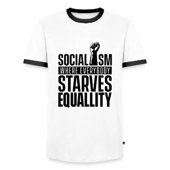 Socialism where everyone starves alike Anti socialist - Men's Ringer Shirt - white/black - Front - AI Model Female 172 light (172cm) & AI Model Male 178 dark (178cm)