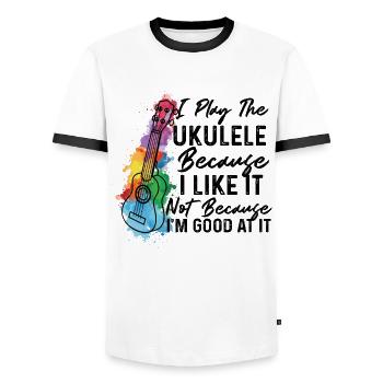 Je joue du ukulélé parce que je l'aime Ukulele Playe - T-shirt contrasté Homme - blanc/noir - Devant - AI Model Female 172 light (172cm) & AI Model Male 178 dark (178cm)