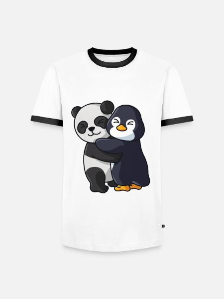 Panda avec pingouin aime les animaux mignons doux - T-shirt contrasté Homme - blanc/noir