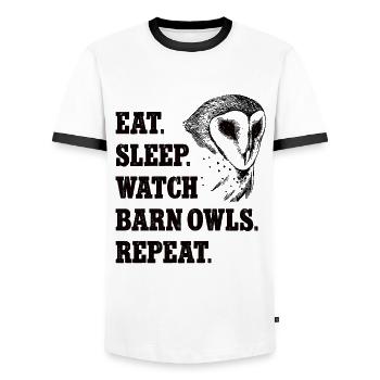 Schleiereule Eat Sleep Repeat Shirt Eulenliebhaber - Männer Kontrast-T-Shirt - Weiß/Schwarz - Vorne - AI Model Female 172 light (172cm) & AI Model Male 178 dark (178cm)