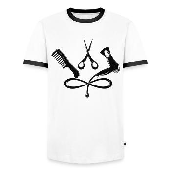 Coiffeur coiffeurs salon peigne, ciseaux, sèche-cheveux - T-shirt contrasté Homme - blanc/noir - Devant - AI Model Female 172 light (172cm) & AI Model Male 178 dark (178cm)