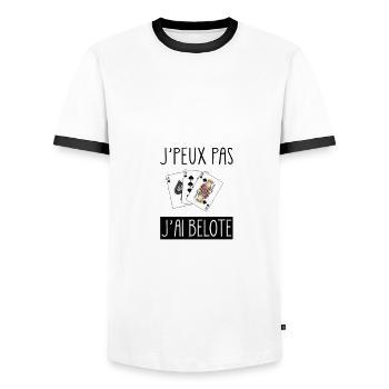 Je peux pas J'ai Belote - T-shirt contrasté Homme - blanc/noir - Devant - AI Model Female 172 light (172cm) & AI Model Male 178 dark (178cm)