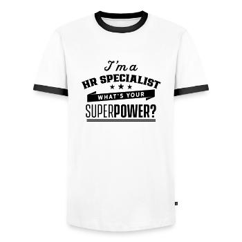 I am an HR Specialist Personal HR Specialist - Men's Ringer Shirt - white/black - Front - AI Model Female 172 light (172cm) & AI Model Male 178 dark (178cm)