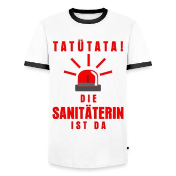Sanitäterin im Rettungsdienst Spruch - Männer Kontrast-T-Shirt - Weiß/Schwarz - Vorne - AI Model Female 172 light (172cm) & AI Model Male 178 dark (178cm)
