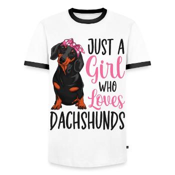 Dachshund girl - Men's Ringer Shirt - white/black - Front - AI Model Female 172 light (172cm) & AI Model Male 178 dark (178cm)