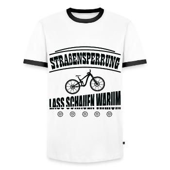 Straßensperrung EBiker MTB Lustig Radfahrer Spruch - Männer Kontrast-T-Shirt - Weiß/Schwarz - Vorne - AI Model Female 172 light (172cm) & AI Model Male 178 dark (178cm)