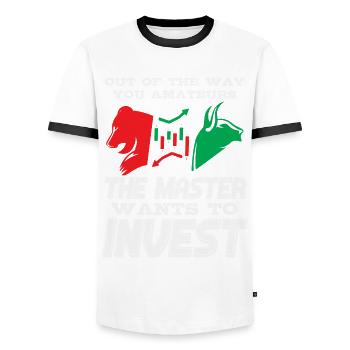 Invest in stocks on the stock exchange - Men's Ringer Shirt - white/black - Front - AI Model Female 172 light (172cm) & AI Model Male 178 dark (178cm)