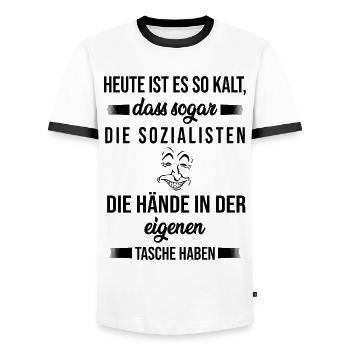 Sozialismus Kapitalismus lustiger Spruch Geschenk - Männer Kontrast-T-Shirt - Weiß/Schwarz - Vorne - AI Model Female 172 light (172cm) & AI Model Male 178 dark (178cm)