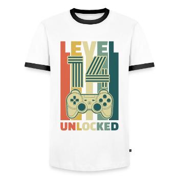 Cadeau de jeu du 14e anniversaire débloqué de niveau 14 - T-shirt contrasté Homme - blanc/noir - Devant - AI Model Female 172 light (172cm) & AI Model Male 178 dark (178cm)