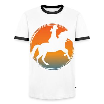 Chevaux montés dans des écuries avec cavalier - T-shirt contrasté Homme - blanc/noir - Devant - AI Model Female 172 light (172cm) & AI Model Male 178 dark (178cm)