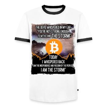 Bitcoin Storm - Männer Kontrast-T-Shirt - Weiß/Schwarz - Vorne - AI Model Female 172 light (172cm) & AI Model Male 178 dark (178cm)