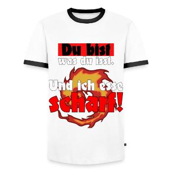 Du bist was du isst ich esse scharf chili Spruch - Männer Kontrast-T-Shirt - Weiß/Schwarz - Vorne - AI Model Female 172 light (172cm) & AI Model Male 178 dark (178cm)