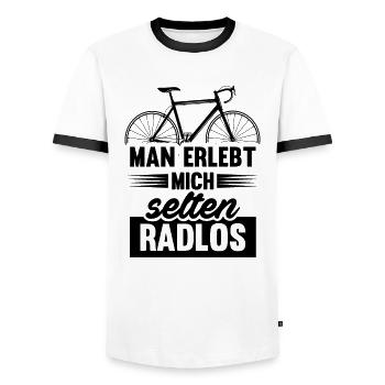 Man Experiences Me Rare Radlos Cyclist - Men's Ringer Shirt - white/black - Front - AI Model Female 172 light (172cm) & AI Model Male 178 dark (178cm)