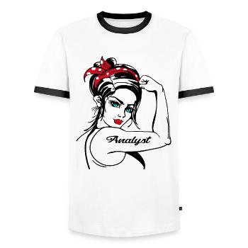 Analystin Rosie The Riveter - Männer Kontrast-T-Shirt - Weiß/Schwarz - Vorne - AI Model Female 172 light (172cm) & AI Model Male 178 dark (178cm)