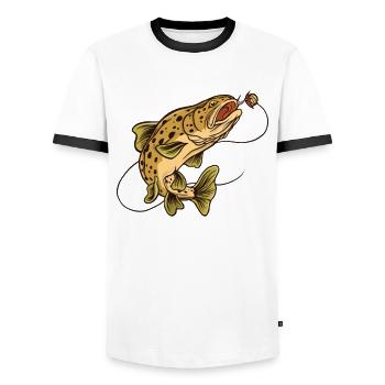 Pêche de la truite de ruisseau Pêche à la truite - T-shirt contrasté Homme - blanc/noir - Devant - AI Model Female 172 light (172cm) & AI Model Male 178 dark (178cm)