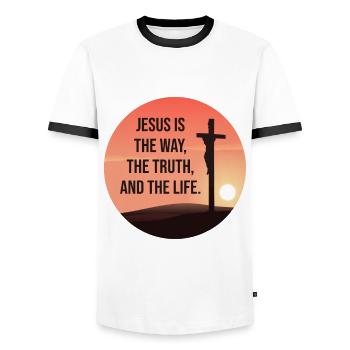 Jesus is the way, the truth, and my life. - Men's Ringer Shirt - white/black - Front - AI Model Female 172 light (172cm) & AI Model Male 178 dark (178cm)