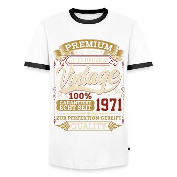 50 Years Birthday Shirt for 1971 Born - Men's Ringer Shirt - white/black - Front - AI Model Female 172 light (172cm) & AI Model Male 178 dark (178cm)