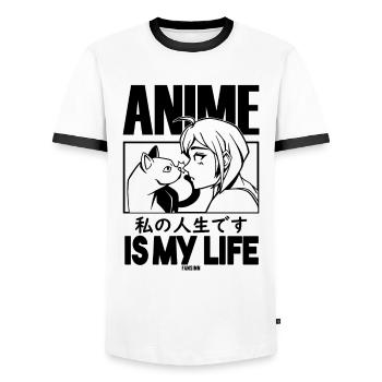 Pet Cat Manga Anime - Men's Ringer Shirt - white/black - Front - AI Model Female 172 light (172cm) & AI Model Male 178 dark (178cm)
