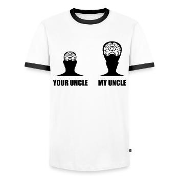 my uncle is cooler nicer than your uncle clever - Men's Ringer Shirt - white/black - Front - AI Model Female 172 light (172cm) & AI Model Male 178 dark (178cm)