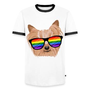 LGBTQ Yorkie Dog Rainbow Glasses Gift - Men's Ringer Shirt - white/black - Front - AI Model Female 172 light (172cm) & AI Model Male 178 dark (178cm)
