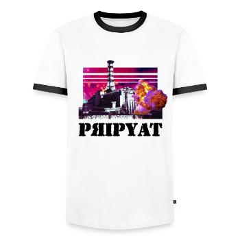 Chernobyl TShirt 1986 Ukrainian city of Pripyat - Men's Ringer Shirt - white/black - Front - AI Model Female 172 light (172cm) & AI Model Male 178 dark (178cm)