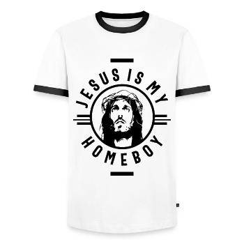 Jesus | Funny Christian Saying Quote - Men's Ringer Shirt - white/black - Front - AI Model Female 172 light (172cm) & AI Model Male 178 dark (178cm)