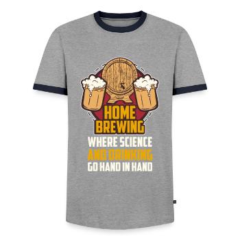 Home Brewing Where Science Brewery Drinks - Men's Ringer Shirt - grey/navy  - Front - AI Model Female 172 light (172cm) & AI Model Male 178 light (178cm)