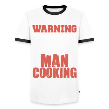 Warning man cooking - Men's Ringer Shirt - white/black - Front - AI Model Female 172 light (172cm) & AI Model Male 178 dark (178cm)