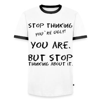 Meme saying self-confidence ugly beauty - Men's Ringer Shirt - white/black - Front - AI Model Female 172 light (172cm) & AI Model Male 178 dark (178cm)