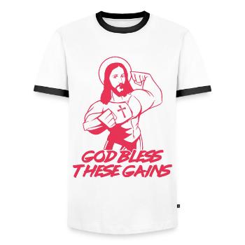 Funny Muscle Jesus Weightlifting Workout Humor - Men's Ringer Shirt - white/black - Front - AI Model Female 172 light (172cm) & AI Model Male 178 dark (178cm)