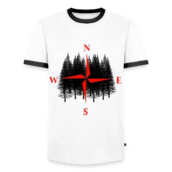Forest Nature Wilderness Expedition Hiking Direction - Men's Ringer Shirt - white/black - Front - AI Model Female 172 light (172cm) & AI Model Male 178 dark (178cm)