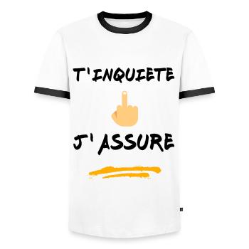 T inquiète j assure - T-shirt contrasté Homme - blanc/noir - Devant - AI Model Female 172 light (172cm) & AI Model Male 178 dark (178cm)