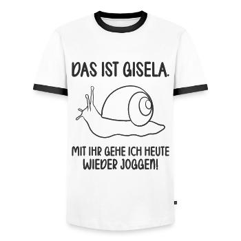 Das ist Gisela mit ihr gehe ich joggen lustiges - Männer Kontrast-T-Shirt - Weiß/Schwarz - Vorne - AI Model Female 172 light (172cm) & AI Model Male 178 dark (178cm)
